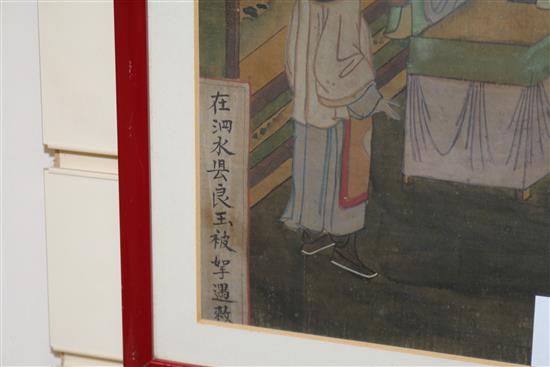 Chinese School, pair of watercolours on silk, Interior scenes, 36 x 32cm